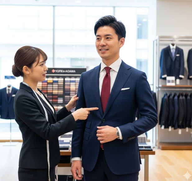 青山のSHITATE店舗でオーダースーツの採寸をする日本人男性と女性店員