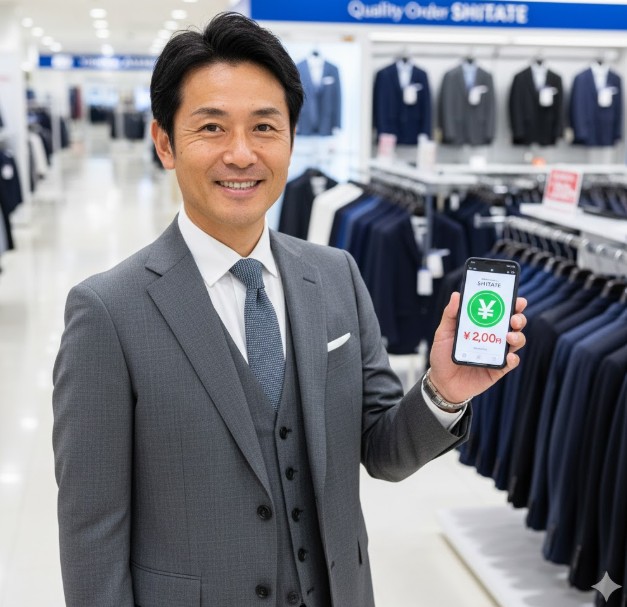 洋服の青山SHITATE店舗でスマートフォンに表示されたお得な価格を見て笑顔の日本人男性