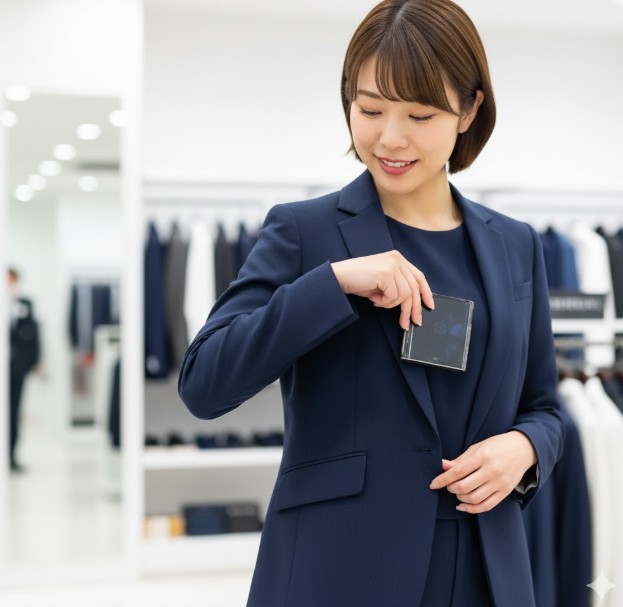 洋服の青山の店舗でSHITATEのレディースオーダースーツのポケットにメモ帳を入れる日本人女性