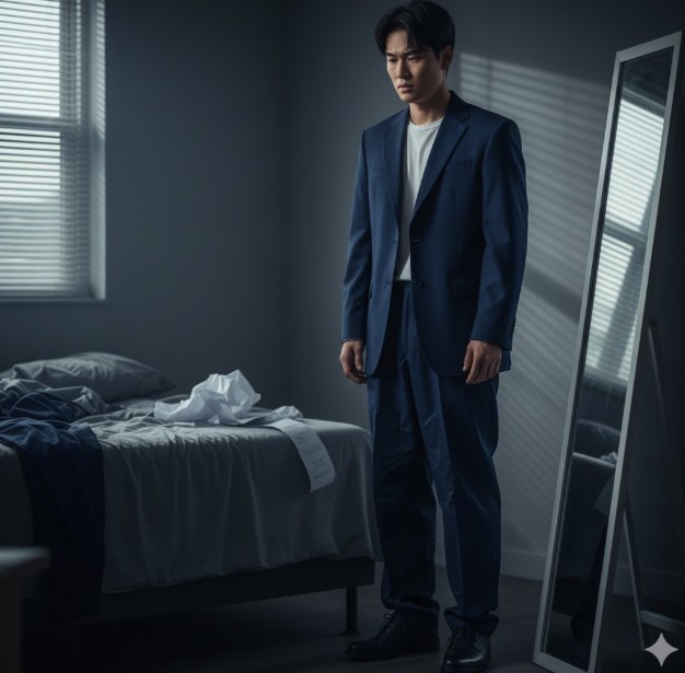 自宅でサイズが合わないオーダースーツを着て落胆する日本人男性