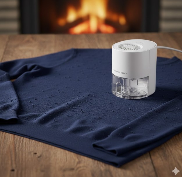 カシミヤタッチ製品にできた、合成繊維特有の頑固な毛玉(ハードピリング)の接写と、電動毛玉取り器。毛玉対策。