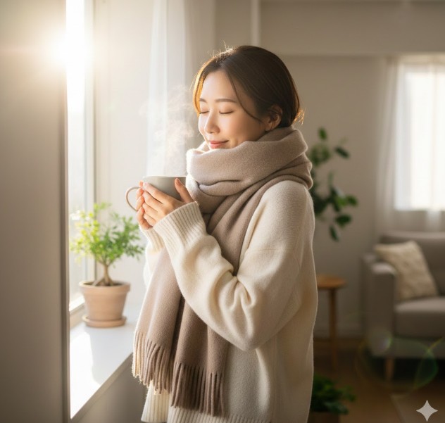 窓から差し込む冬の柔らかな日差しの中で、温かい飲み物を片手にカシミヤのマフラーとニットを身につけ、心地よさそうに目を閉じている若い日本人女性。