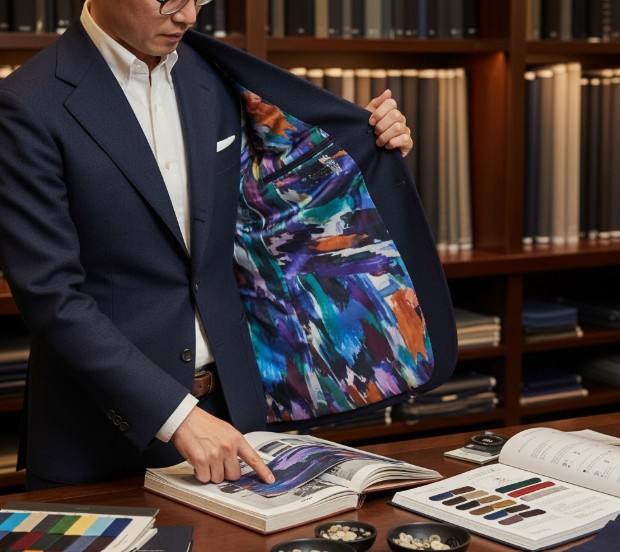 ポールスミスMTMの醍醐味である、豊富な生地見本やカラフルな裏地サンプルを日本人顧客が選んでいるシーン。