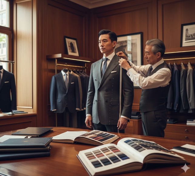 日本人の熟練テーラーが顧客(日本人男性)の肩幅をメジャーで正確に採寸している様子