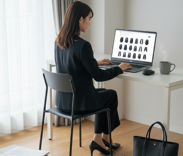 自宅でパソコンを使ってオンラインストアで就活スーツを選ぶ女性。画面には様々なデザインの黒いスーツが表示されており、近くには就活用のパンプスとバッグが置かれている。