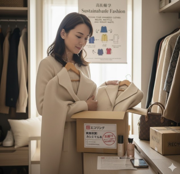 クローゼットの前で、ノンブランドのカシミヤコートとブランド品を一緒に段ボール箱に詰める日本人女性。