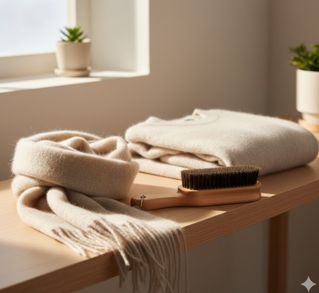 柔らかくブラッシングされ、ふわふわとした質感を取り戻したカシミヤのマフラーとニットが、丁寧にたたまれて棚に置かれている様子。手入れされたカシミヤ製品の美しさと温かさが伝わる。