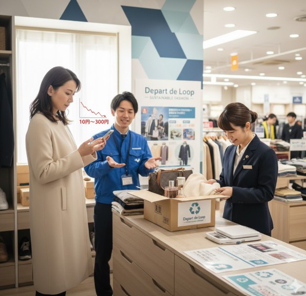 リサイクルショップでノンブランドのカシミヤコートを査定中の日本人女性が、スマホで買取価格の低さを確認している。