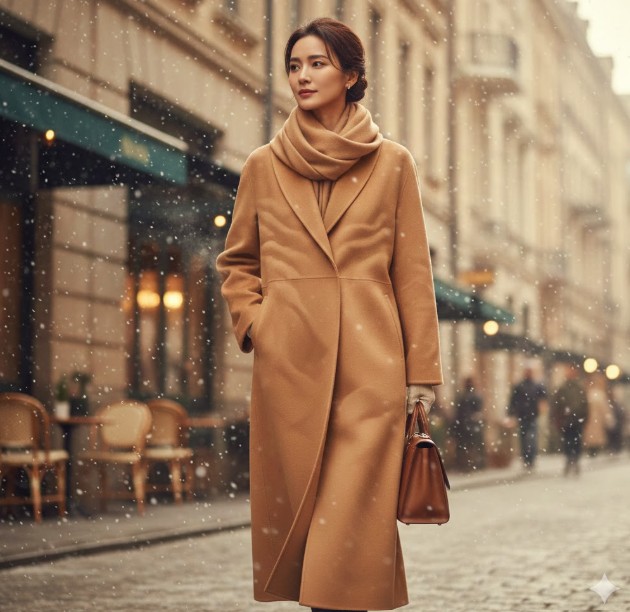 雪が舞う街路を上品なベージュのカシミヤコートとスカーフをまとった女性が歩いている様子。