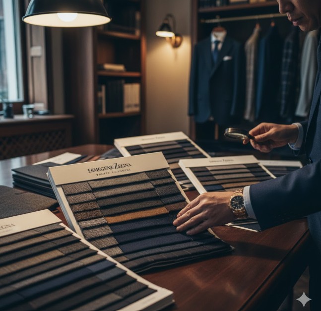 ゼニアやロロピアーナなどの最高級インポート生地が重なったバンチ(生地見本帳)のクローズアップ