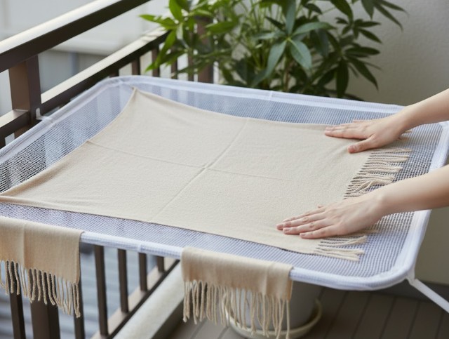 洗濯後のカシミヤマフラーを型崩れを防ぐために、風通しの良い日陰で平干しネットの上で形を整えて乾かしている様子。