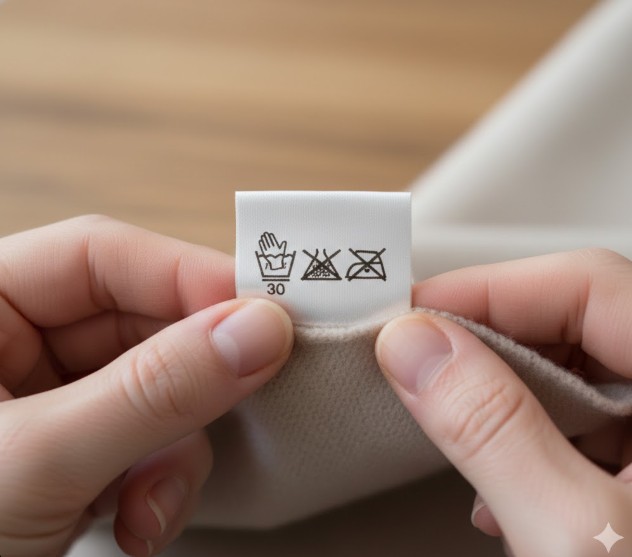 マフラーのタグについている、水洗い可(手洗い・30℃以下)や水洗い禁止を示す新しいJIS洗濯表示マークを拡大して確認している様子。