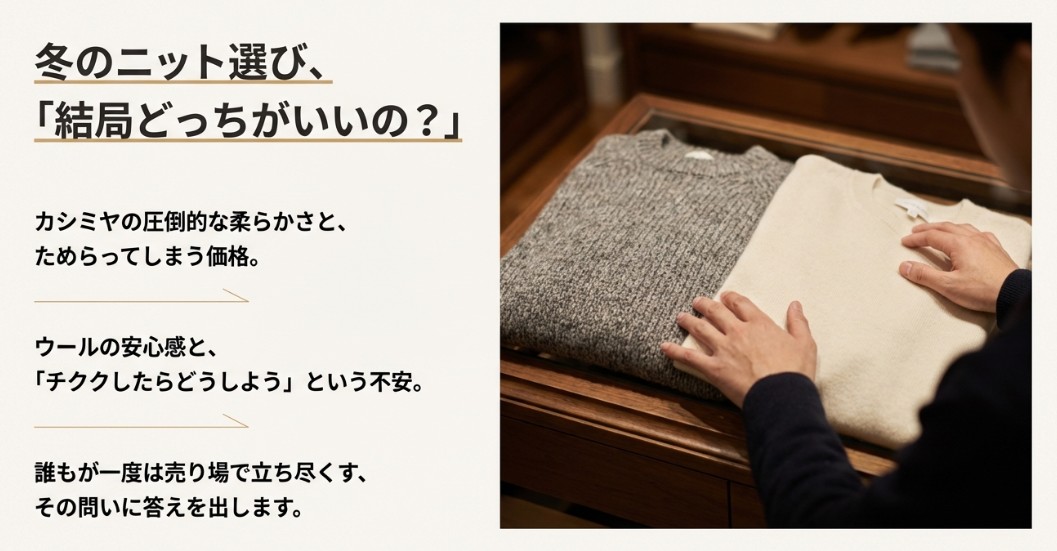冬のニット選びでカシミヤの柔らかさとウールの安心感のどちらを選ぶか迷っている様子を描いたイメージ画像