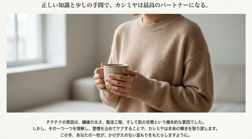 カシミヤセーターを着てリラックスする女性の画像とともに、知識とケアでカシミヤの温もりを楽しむことを伝える結びのスライド。