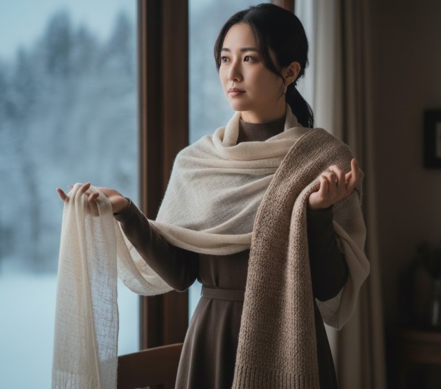 薄いパシュミナショールと厚手のカシミヤマフラーを手に取り、保温性の違いを比較する日本人女性。
