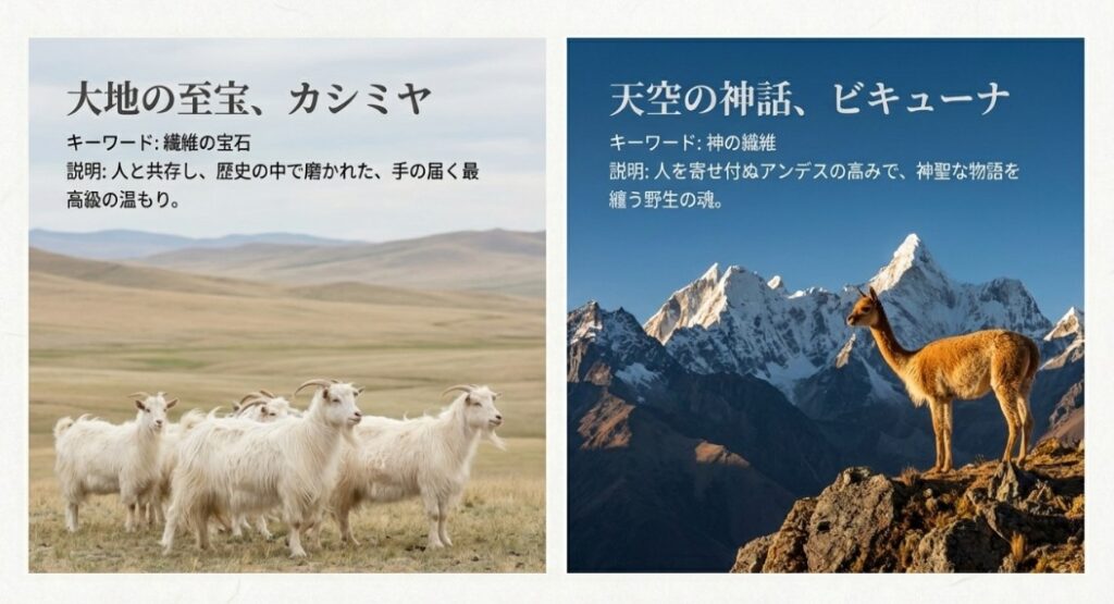 アンデスの高地に立つ野生のビキューナと、マチュピチュの背景に重なるビキューナの姿。「太陽神の使い」としての神聖さを表現。