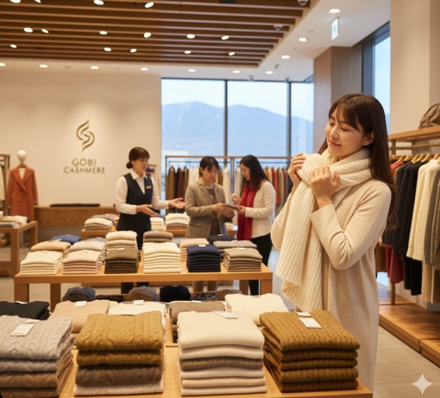 モンゴルのウランバートルにある高級ブティックで、手触りの良いカシミヤストールを選ぶ日本人女性。