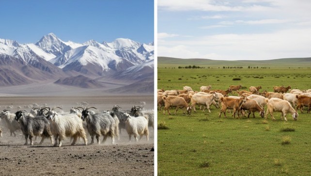 チャンタン高原の極寒環境に生息するチャンタンギ山羊と、一般的な牧草地で飼育されるカシミヤ山羊の対比図。カシミヤとパシュミナの原料となる山羊の生息環境の違いを示す。