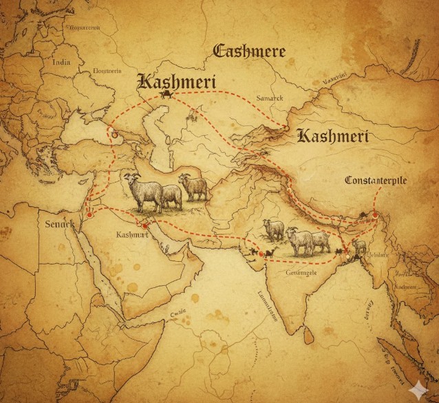 カシミヤ山羊の生息地であるカシミール地方（インド北部）から世界に広がるシルクロードと素材の歴史
