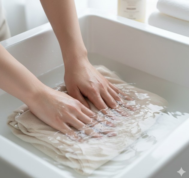 中性洗剤を使用し、手のひらで優しく底に押し付けて水流を起こすカシミヤの「押し洗い」技術。