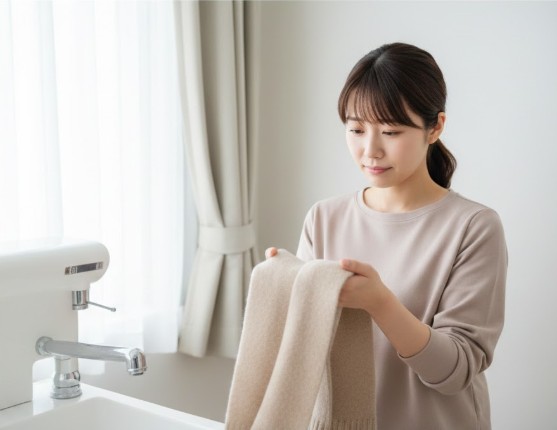 自宅で洗濯に失敗し、子供のサイズのように縮んでしまったカシミヤマフラーを、悲しそうな表情で手に持ち見つめる日本人の女性。