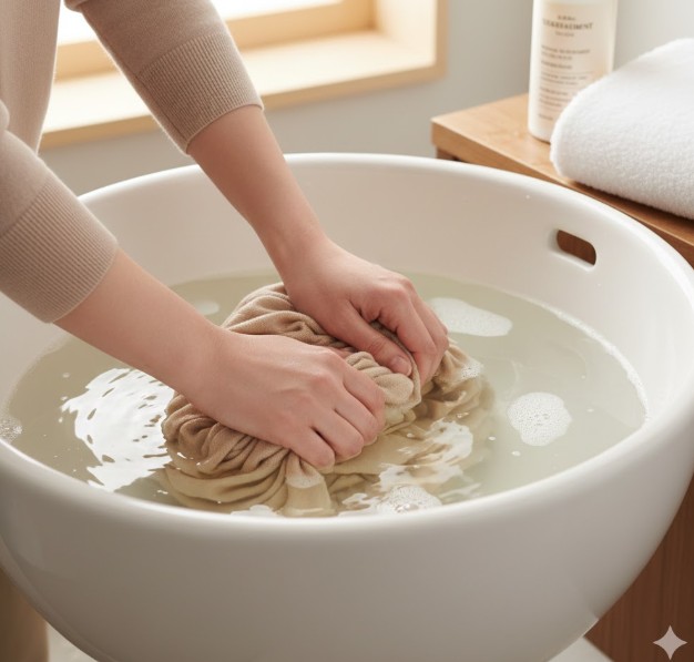 縮んだカシミヤセーターをリンスやトリートメントを溶かしたぬるま湯に優しくつけ置きし、修復を試みる様子。