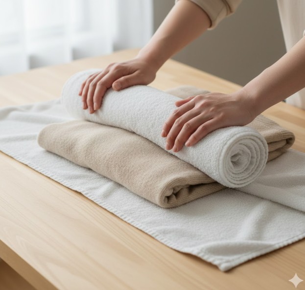 洗濯後のカシミヤセーターを乾いたバスタオルで巻き込み、優しく水分を吸い取る「タオルドライ(海苔巻き法)」。