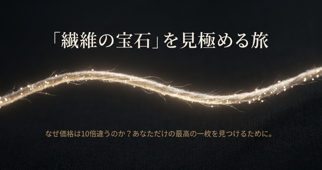 カシミヤ製品の価格差を解説するスライドの表紙。「繊維の宝石」を見極め、自分だけの最高の一枚を見つけるためのガイド。