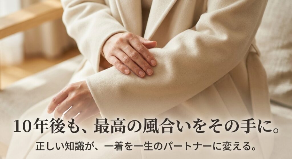「10年後も、最高の風合いをその手に。正しい知識が、一着を一生のパートナーに変える」というメッセージが書かれた結びのスライド