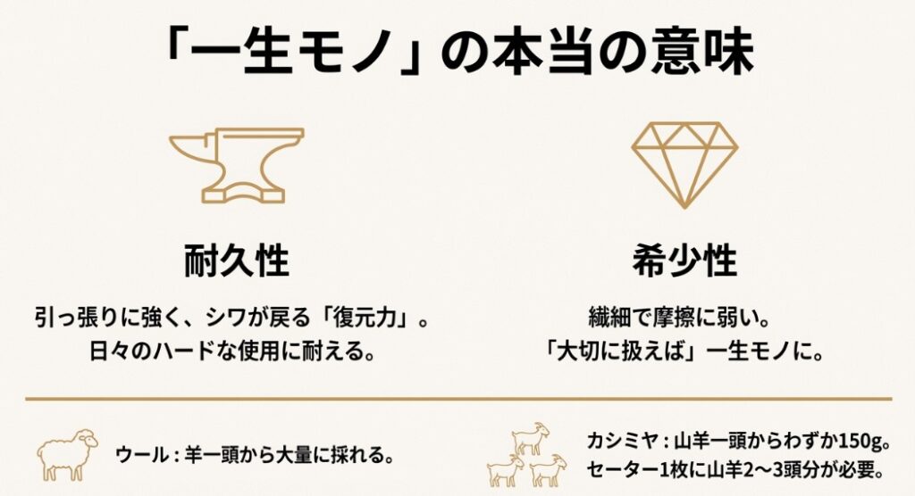 ウールの耐久性（金床）とカシミヤの希少性（ダイヤモンド・山羊2〜3頭分でセーター1枚）を対比させたイラスト