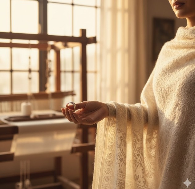 指輪を通り抜けるほど繊細な伝統的な手織りのパシュミナ（カシミヤ山羊の産毛）ショール