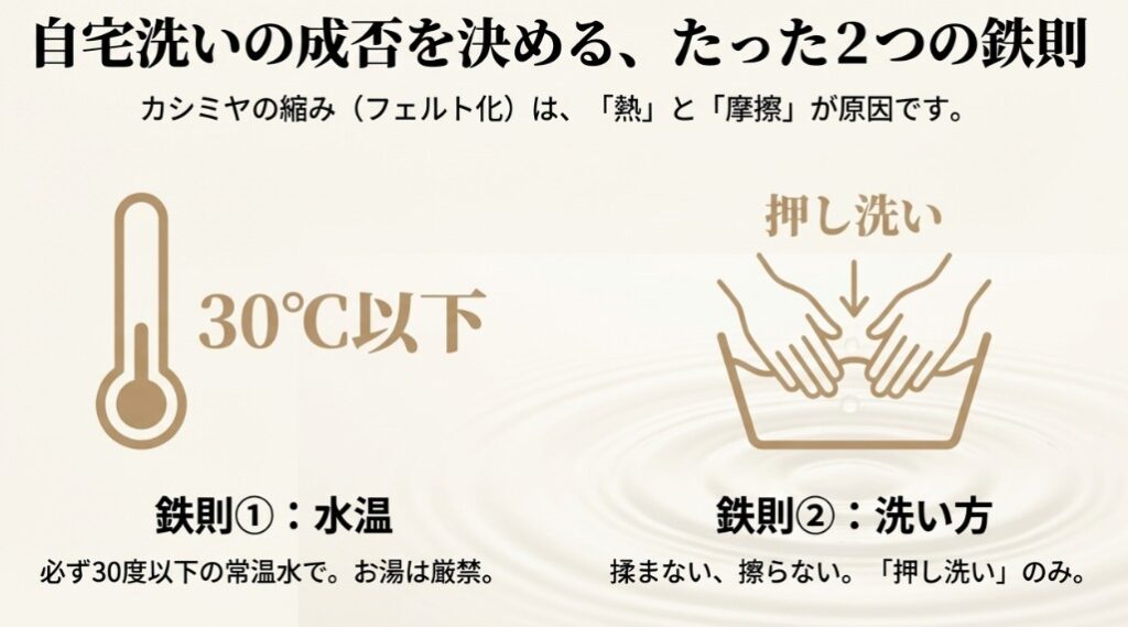 水温30度以下を保つことと、揉まずに優しく押し洗いすることを強調したイラスト