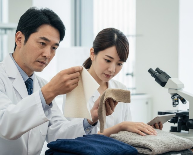 専門家がアルパカとカシミヤの素材サンプルを比較分析する様子。価格と手触りの違いを検証。