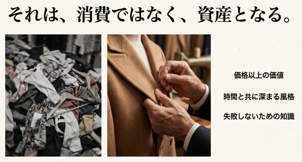 山積みの衣類と、職人が丁寧に仕立てるコートを比較したスライド。「それは、消費ではなく、資産となる。価格以上の価値、時間と共に深まる風格」というメッセージ。