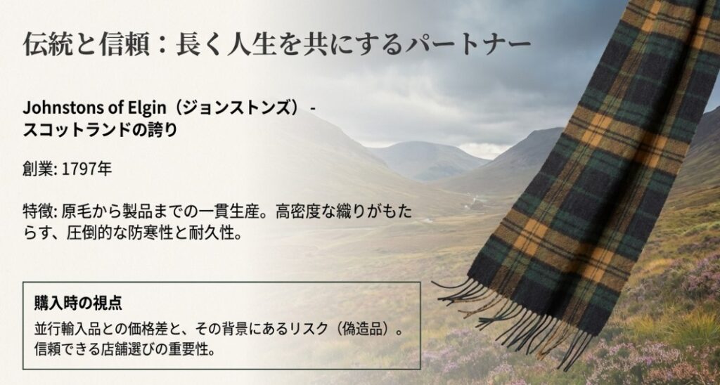 1797年創業のJohnstons of Elginを紹介。原毛から製品までの一貫生産による圧倒的な防寒性と耐久性、並行輸入品の偽造品リスクに関する注意喚起。