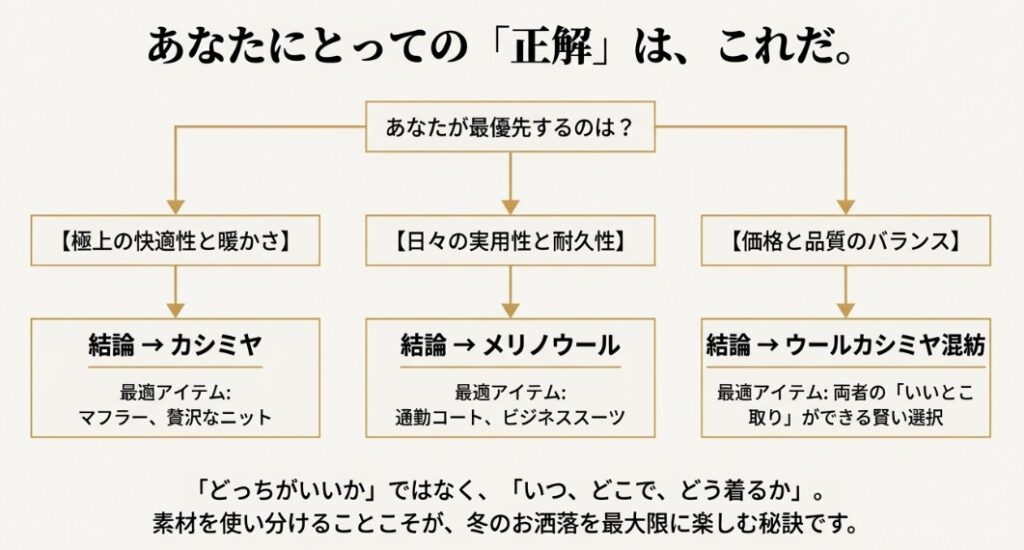 快適性重視ならカシミヤ、実用性重視ならメリノウール、バランス重視なら混紡を選ぶためのフローチャート図