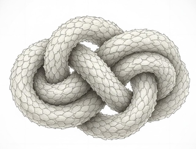 カシミヤ繊維表面にある、絡まり合ってフェルト化してしまったスケール(鱗状の組織)を拡大した概念図。