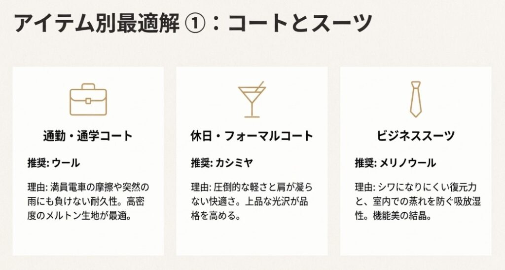 通勤コートやビジネススーツにはメリノウール、休日やフォーマルコートにはカシミヤを推奨するアイテム別ガイド