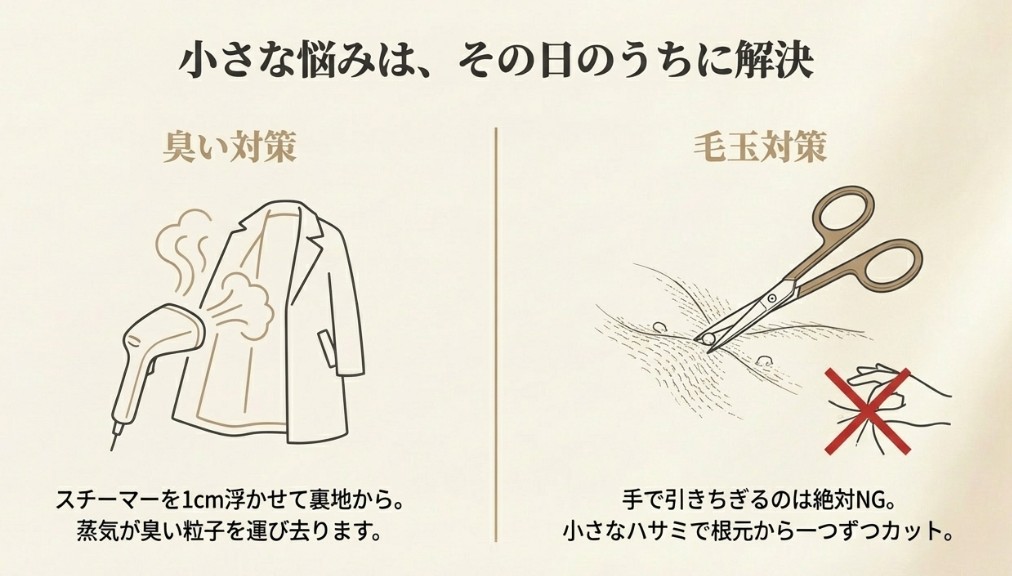 スチーマーを1cm浮かせて臭いを取るイラストと、毛玉を引きちぎらずに小さなハサミで根元からカットするイラスト