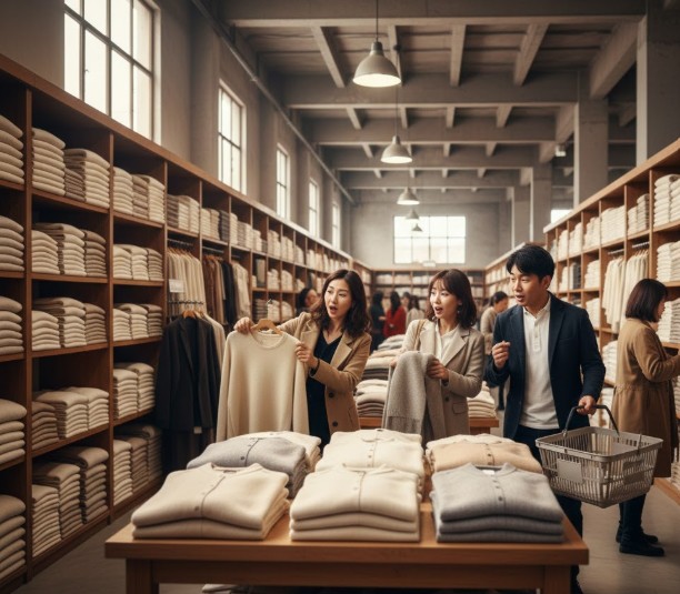 モンゴルのカシミヤ工場直営店にあるセーターやマフラーの陳列棚。日本より格安で購入できる現地の様子。