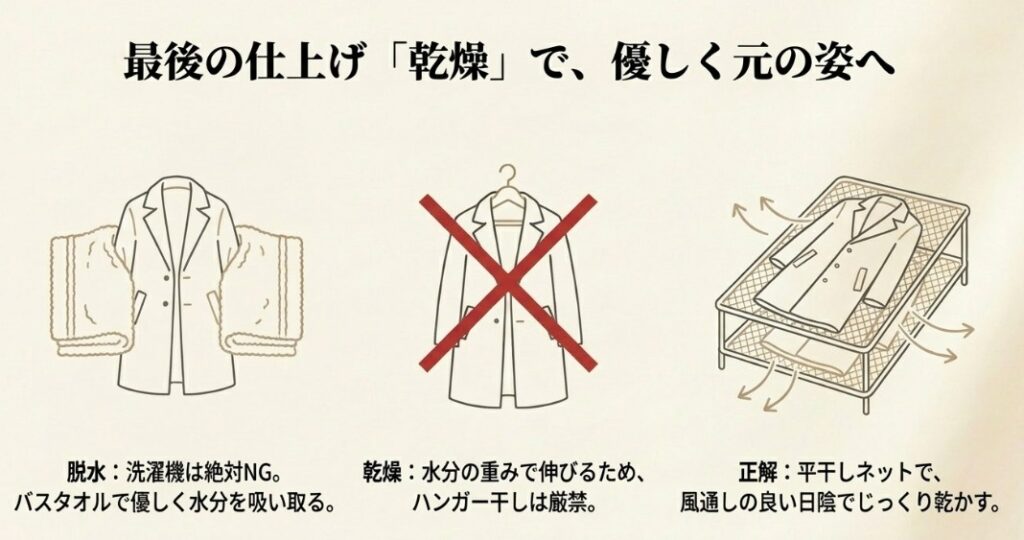 洗濯機を使わずタオルで水分を吸い取る方法と、ハンガー干しを避けて平干しネットで日陰干しする様子を描いた図解