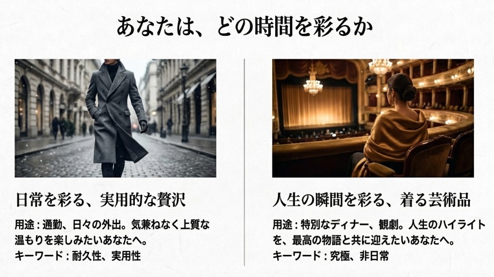 通勤などの日常を彩るカシミヤコートの男性と、観劇など特別な時間を彩るビキューナストールの女性のイメージ比較。