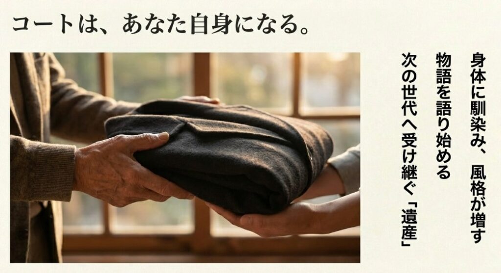 夕暮れの街を歩くコート姿の男性。「コートは、あなた自身になる。身体に馴染み、風格が増し、物語を語り始める。次の世代へ受け継ぐ遺産」というエモーショナルなスライド。