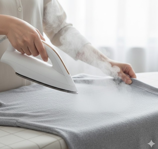 スチームアイロンを衣類から浮かせて蒸気だけをたっぷりと当て、カシミヤの繊維を伸ばして成形する様子。