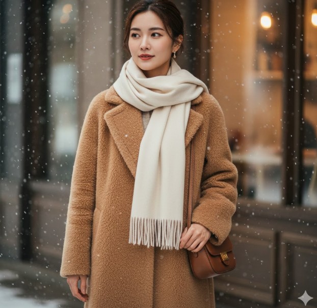 アルパカのコートとカシミヤのマフラーを着用した女性。アイテムの用途に合わせた最適な素材の選び方。