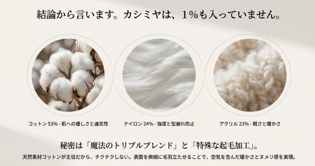 コットン53%配合の「魔法のトリプルブレンド」と特殊起毛加工による肌触りの秘密を図解