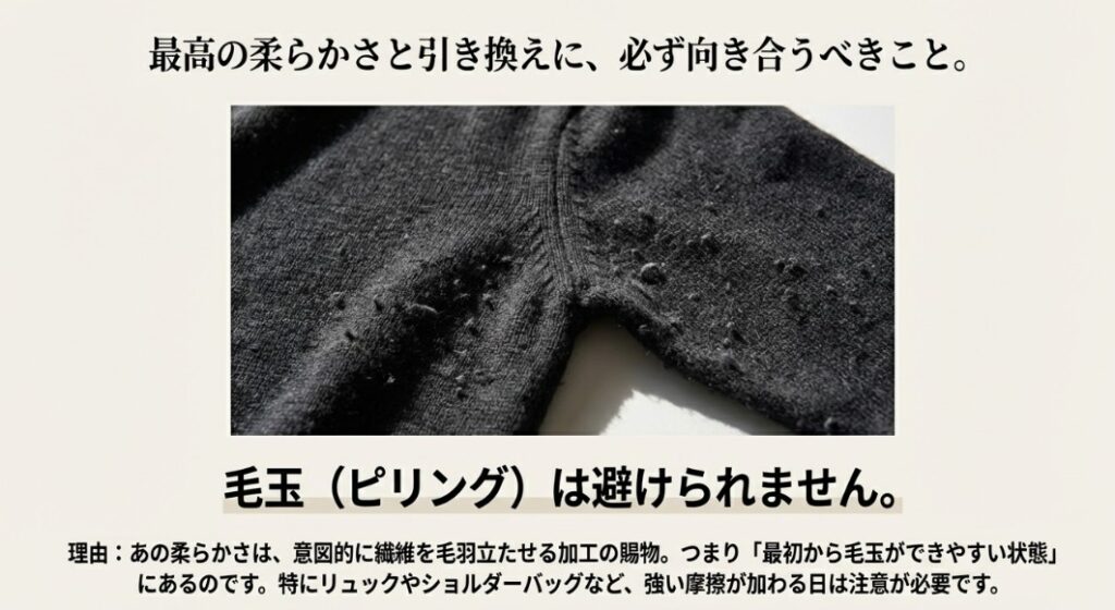 Gapカシミヤタッチニットの脇の下に発生した毛玉（ピリング）の実例拡大画像