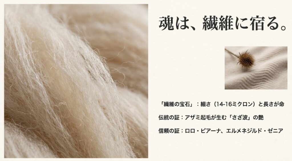 カシミヤ繊維の拡大写真とアザミの実のスライド。「繊維の宝石：細さ(14-16ミクロン)と長さが命。伝統のアザミ起毛が生むさざ波の艶。ロロ・ピアーナ、エルメネジルド・ゼニア」という解説。