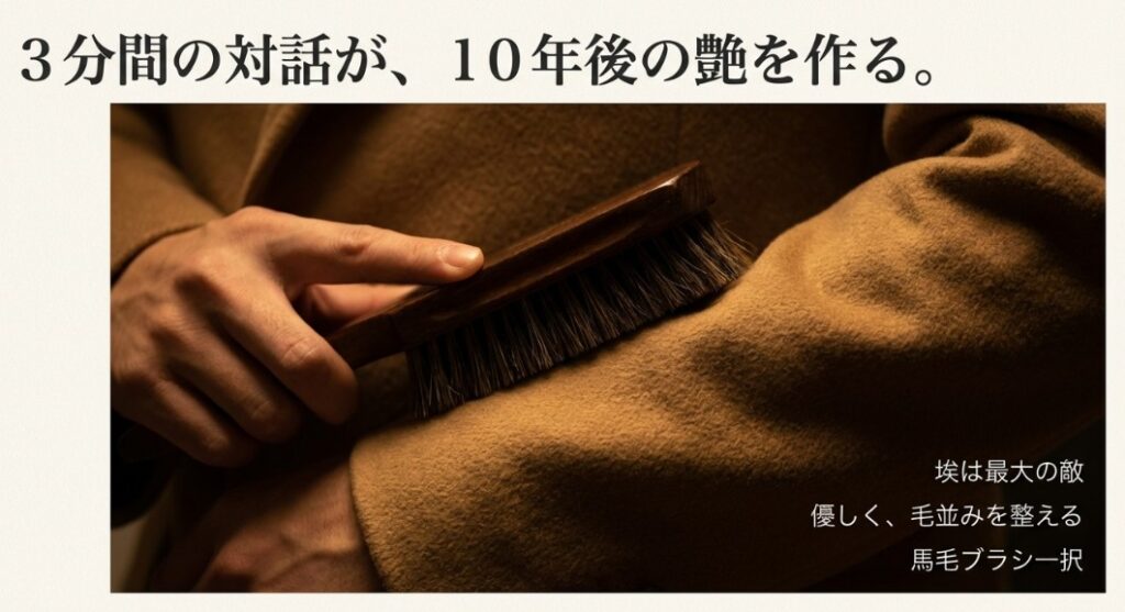 コートにブラシをかけるイメージ。「3分間の対話が、10年後の艶を作る。埃は最大の敵。馬毛ブラシ一択で優しく毛並みを整える」という手入れの基本を解説したスライド。