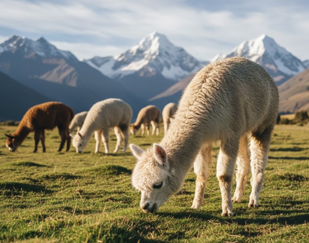 肉球のような柔らかい足裏を持つアルパカが草原で草を食む様子。環境負荷の低い飼育スタイル。